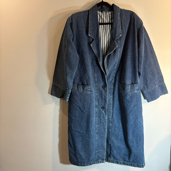 DENIM JEAN COAT Sz XL Lined Contrasting Stripe Pockets 100% Cotton Shoulder Pads - Picture 1 of 10